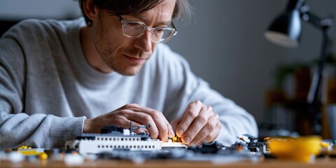 Naklejka premium A focused adult meticulously assembling a LEGO model, showcasing creativity, concentration, and the joy of engaging in a hands-on hobby.