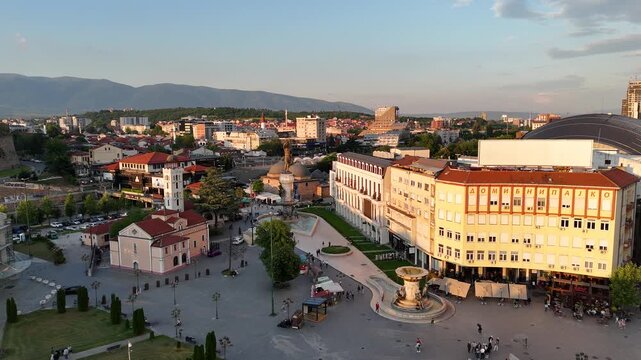 4K drone push-forward and subtle rotation revealing Philip II Square and fountain, Skopje, North Macedonia