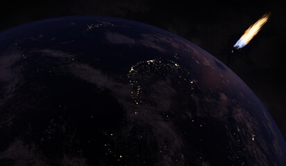 Meteor shower, collision with Earth, orbit, meteorite, 3D illustration. © nana
