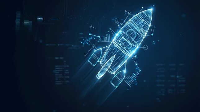 Futuristic Rocket Launching with Digital Data Visualization