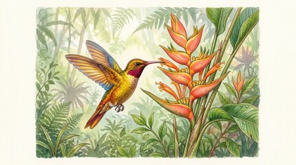 Fototapeta premium Hummingbird flying near orange flower in tropical jungle