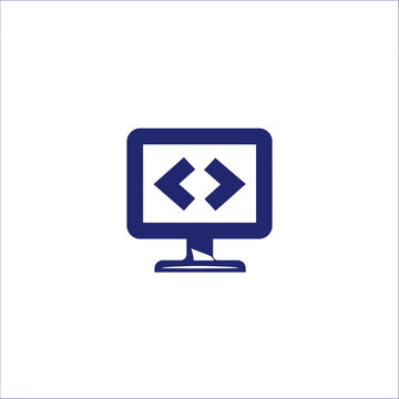 Blue icon depicting a monitor with angled brackets. Shows code/programming. White background