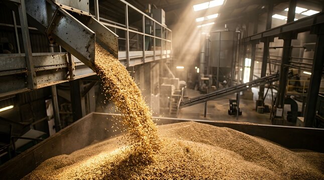 Golden grain falling from a metal conveyor belt into a large industrial storage container inside a busy food processing factory