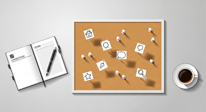 Cork bulletin board with pinned notes and a planner with coffee.