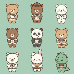 Fototapeta premium Cute Kawaii Animal Character Set Bears Panda Rabbit and Dinosaur