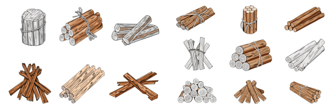 A comprehensive collection of hand-drawn game assets featuring firewood bundles, tied kindling sticks, and lumber logs in color, monochrome, and line-art styles.