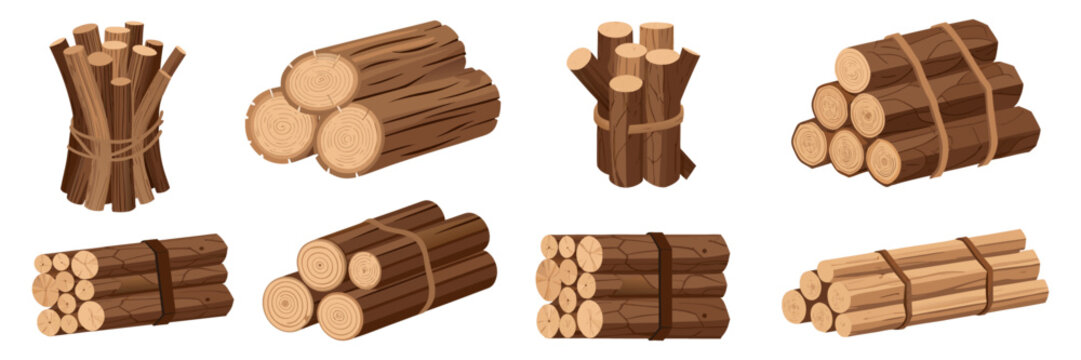 A rustic collection of survival game assets featuring various configurations of stacked firewood logs, tied kindling bundles, and chopped timber resources.