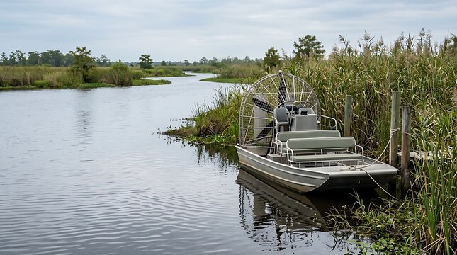 An airboat is docked along the lush, green grassy banks of a winding Louisiana bayou river on a calm and overcast day, perfect for nature exploration