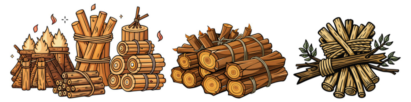 A rustic collection of survival game assets featuring hand-drawn piles of firewood, tied wooden log bundles, kindling sticks, and campfire structures.