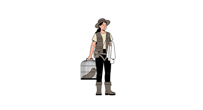 Woman Zookeeper Carrying Bird Cage with Pigeon and Towel