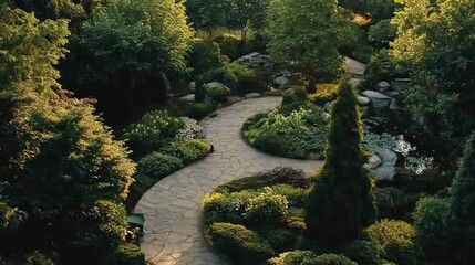 Obraz premium Serene garden path winds through lush greenery