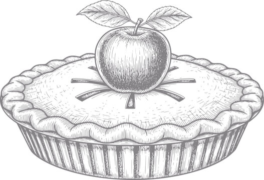 Hand-drawn apple pie with fresh apple and leaves