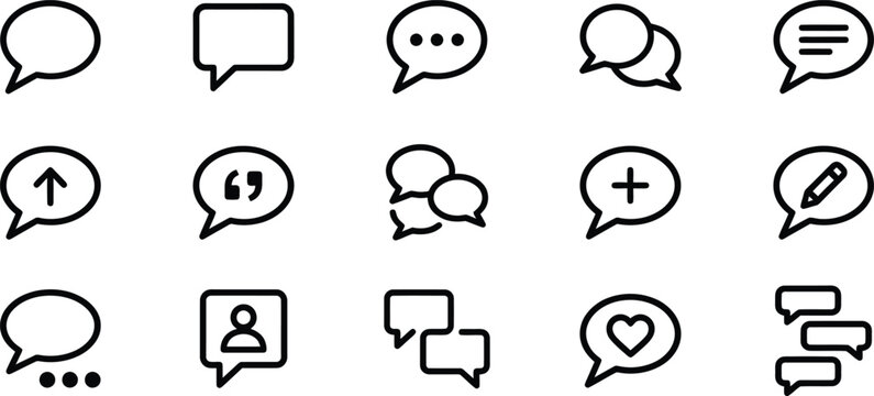 Black line vector icon set of user interface interaction featuring social media engagement chat bubbles live feedback quotes and communication symbols