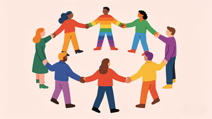 Fototapeta premium Diverse people holding hands in a circle with vibrant rainbow colors for corporate Pride design.