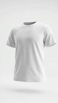 White t-shirts float in four angles showcasing simple garment design. Clean white background enhances visibility of clothing. Concept for apparel, fashion design, retail branding