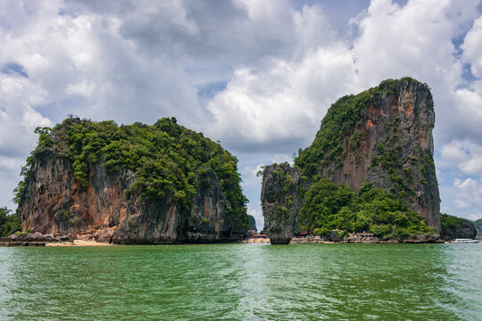 The iconic James Bond Island seen from a boat tour in Phang Nga Bay near Krabi, Thailand