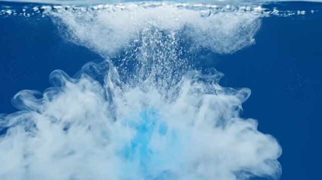 Blue cube dropping into water creating white reaction cloud