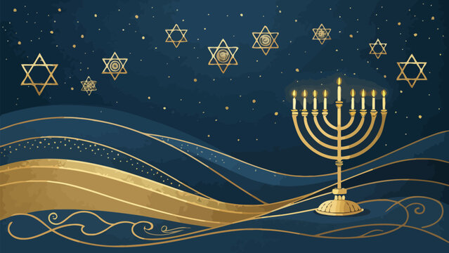 Gold menorah with stars on a dark blue background with gold waves and dots, a traditional jewish symbol for hanukkah celebrations and holidays