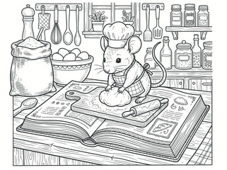 Detailed line art coloring page of a cute mouse baker character kneading fresh dough, professional kitchen background with cooking ingredients, vector illustration for children