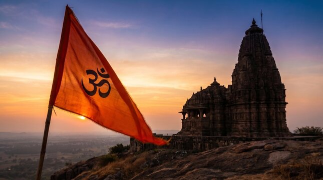Saffron Bhagwa flag with Om symbol at Vitthal temple in Pandharpur during sunset for Ashadhi Ekadashi festival