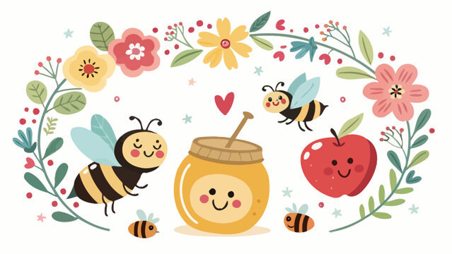 Cute cartoon illustration of smiling bees and honey jar with flowers