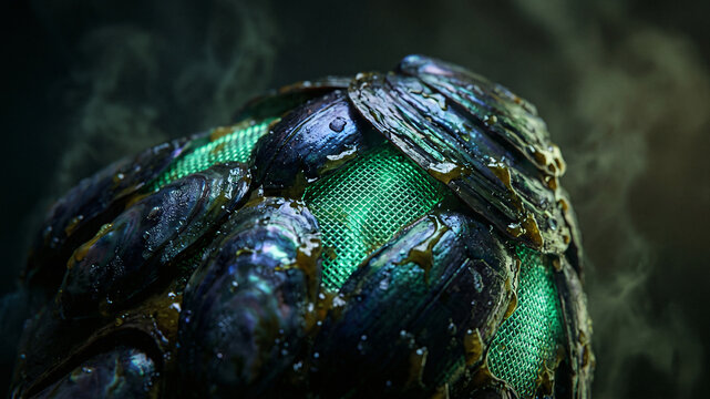 Macro of a dark iridescent alien egg pod revealing a glowing green cybernetic mesh underneath the scales