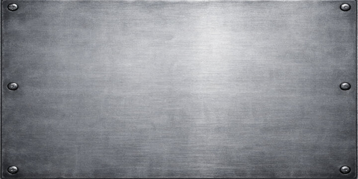A dark grunge brushed metal plate texture with rivets on an old vintage gray concrete wall backdrop