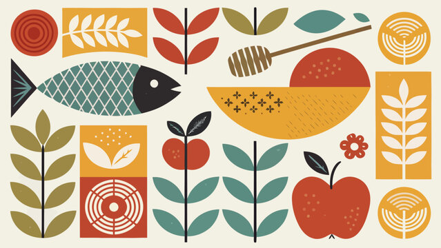 Vibrant illustration of jewish symbols and objects for rosh hashanah or hanukkah celebrations with fish, apples, honey, and leaves on beige background