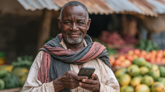 Unbanked street vendor in outdoor market accepting mobile money transfer for first time, feature phone in weathered hands, colorful produce stall backdrop, financial inclusion milestone expression, 