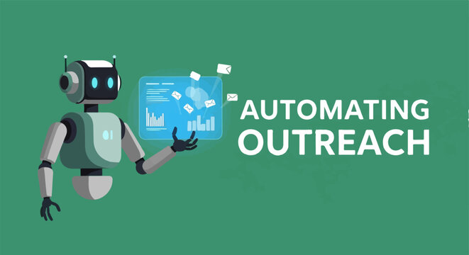 Friendly robot automating digital outreach tasks efficiently.