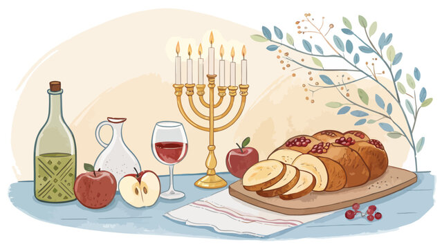 Illustration of a traditional jewish table setting with menorah, challah bread, wine, apples, and olive oil for a shabbat or holiday celebration
