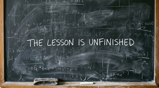 A smudged classroom chalkboard covered in faint math equations stands as a powerful metaphor for the continuous, never-ending journey of human learning and scientific discovery.