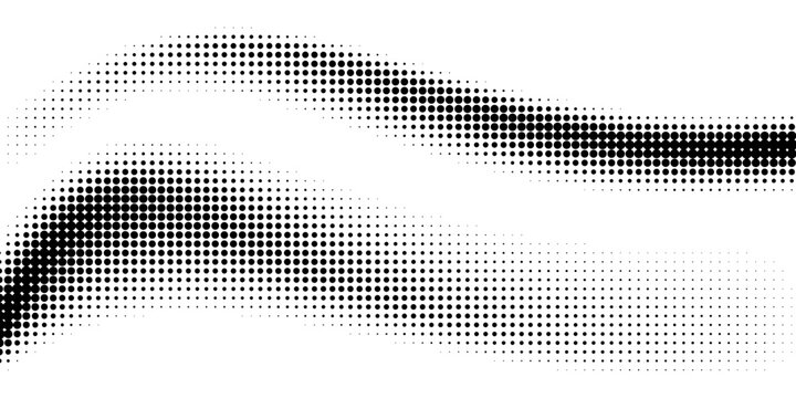 Black halftone wave background. Dotted curved flow wallpaper. Abstract textured grainy fluid backdrop. Vector grit pop art swoosh element for poster, banner, overlay, card, brochure, flyer, leaflet