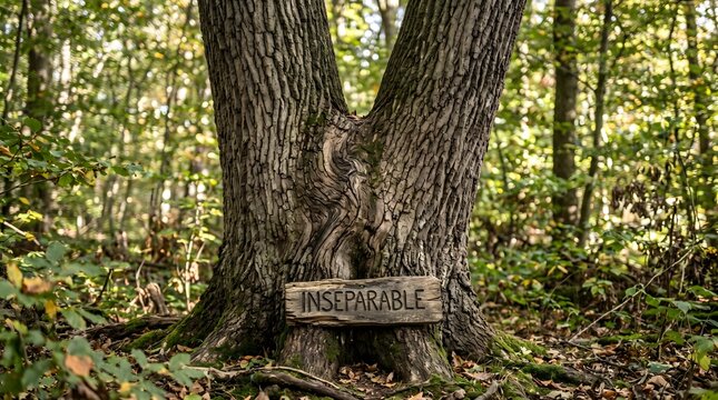 A majestic tree split into twin trunks features a rustic wooden sign reading 'INSEPARABLE' at its base, symbolizing the eternal unity, deep connection, and strength of a lifelong bond.