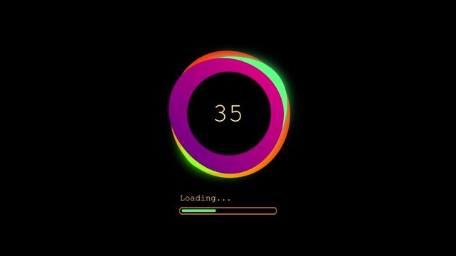 Futuristic Colorful Loading Circle Animation on Black Background. Neon Ring Progress Bar Buffering Interface Loop for Video. Digital Tech Wait Screen Indicator with Gradient Light Effect.