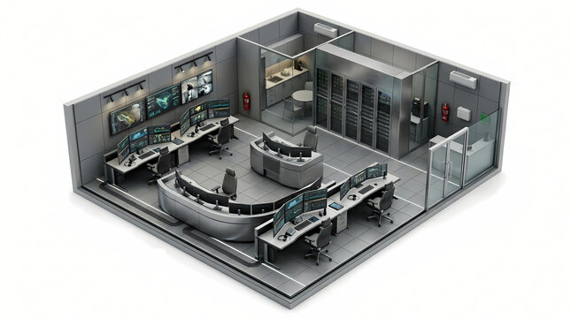 Isometric illustration of a sophisticated command and control center, featuring multiple operator workstations, real-time data screens, and secure server racks for critical operations