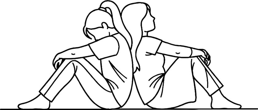 Two individuals sitting back to back in contemplative pose.
