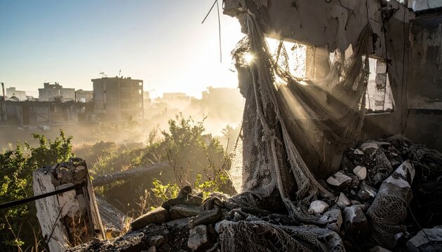 Torn camouflage netting draped over broken wall amidst ruins bathed in sunlight, symbolizing resilience and nature's reclamation.