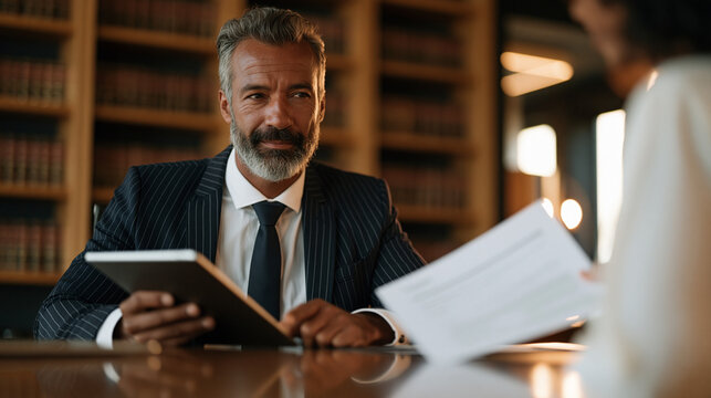 Regtech compliance automation audit trail exported to PDF as fintech lawyer reviews on tablet, luxury law firm interior with floor-to-ceiling bookshelves, August regulatory deadline afternoon, paral