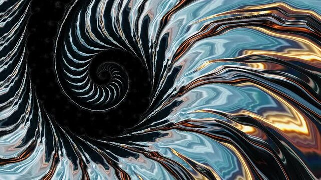 Color flow on spiral twisted abstract fractal shape. Loop able moder background