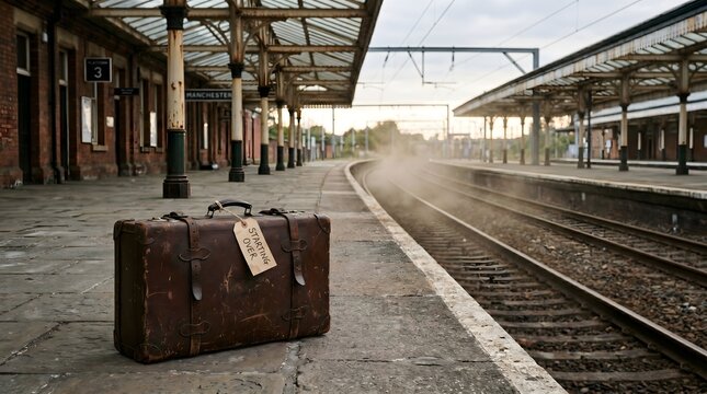 A weathered vintage suitcase bearing a 'Starting Over' tag sits alone on an empty railway platform, symbolizing a poignant departure toward a new chapter in life.