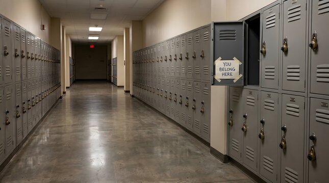 A single open locker reveals a handwritten note saying 'You Belong Here', serving as a powerful metaphor for finding acceptance, warmth, and inclusion within a cold, uniform world.