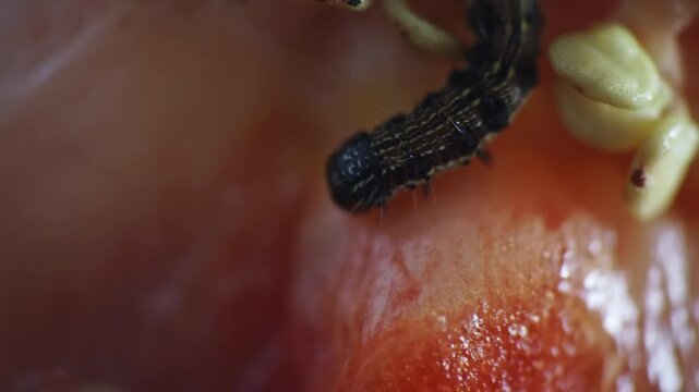 Cotton bollworm, helicoverpa armigera moth caterpillar eating red pepper. Pest insect, butterfly in vegetable, agriculture problem