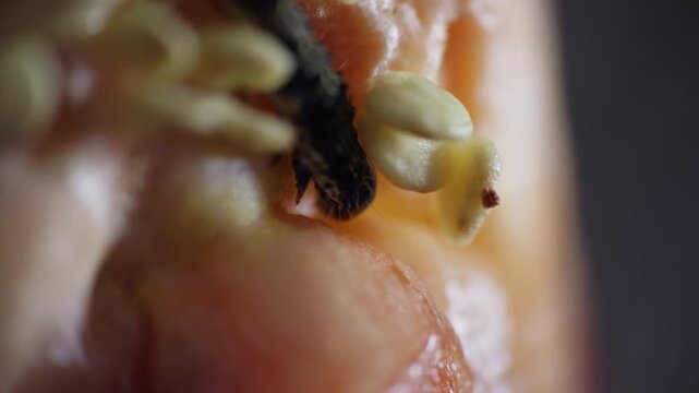 Cotton bollworm, helicoverpa armigera moth caterpillar eating red pepper. Pest insect, butterfly in vegetable, agriculture problem