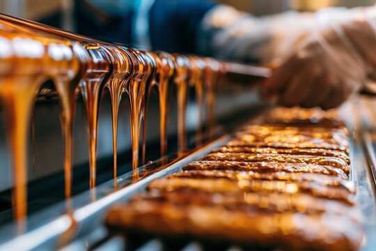 Caramel glaze dripping over snack bars on a confectionery production line, ideal for food manufacturing and packaging content.