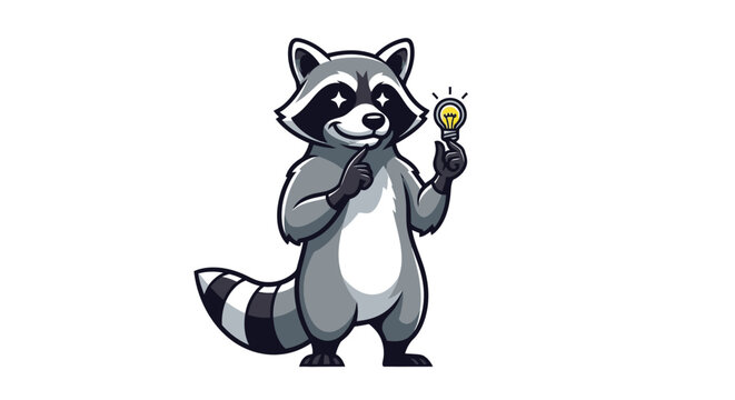 Clever cartoon raccoon holding a glowing lightbulb for ideas.