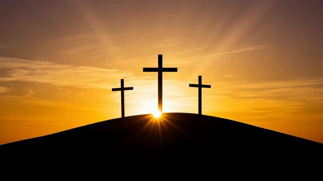 Silhouettes of three crosses on hill with golden sunrise sky spiritual religious background