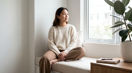 Fototapeta premium Calm Young Southeast Asian Woman Sitting by Window in Minimal Interior, Mindfulness and Mental Wellness Concept