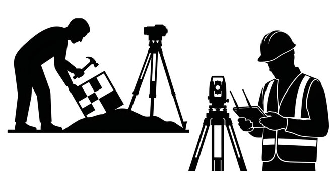 Land surveyor using digital tablet and placing ground control target, Vector silhouette illustration, ground control point marker, hammer next to a tripod, alongside an engineer, wireless control tab
