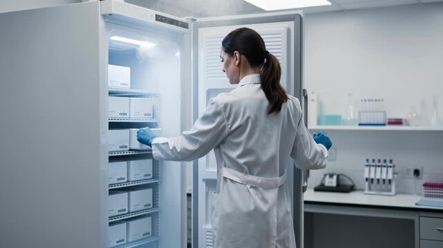 Scientist in lab coat working with frozen samples in medical research laboratory freezer